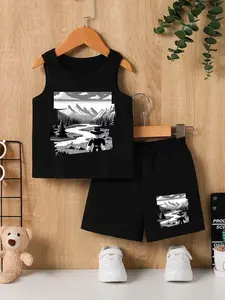 Boys Summer Fashion Roblox Rgblox Game Series Forest Pattern Vest + Casual Comfortable Shorts Set, Soft Sportswear, Gift