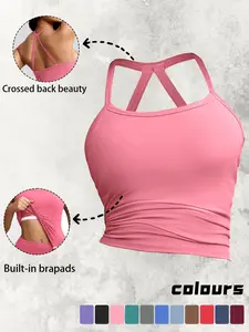 Women's Plain Backless Stretch Sports Bra Tank Top, Wireless Adjustable Strap, Breathable Gym Wear, Indoor Outdoor Fitness Clothing