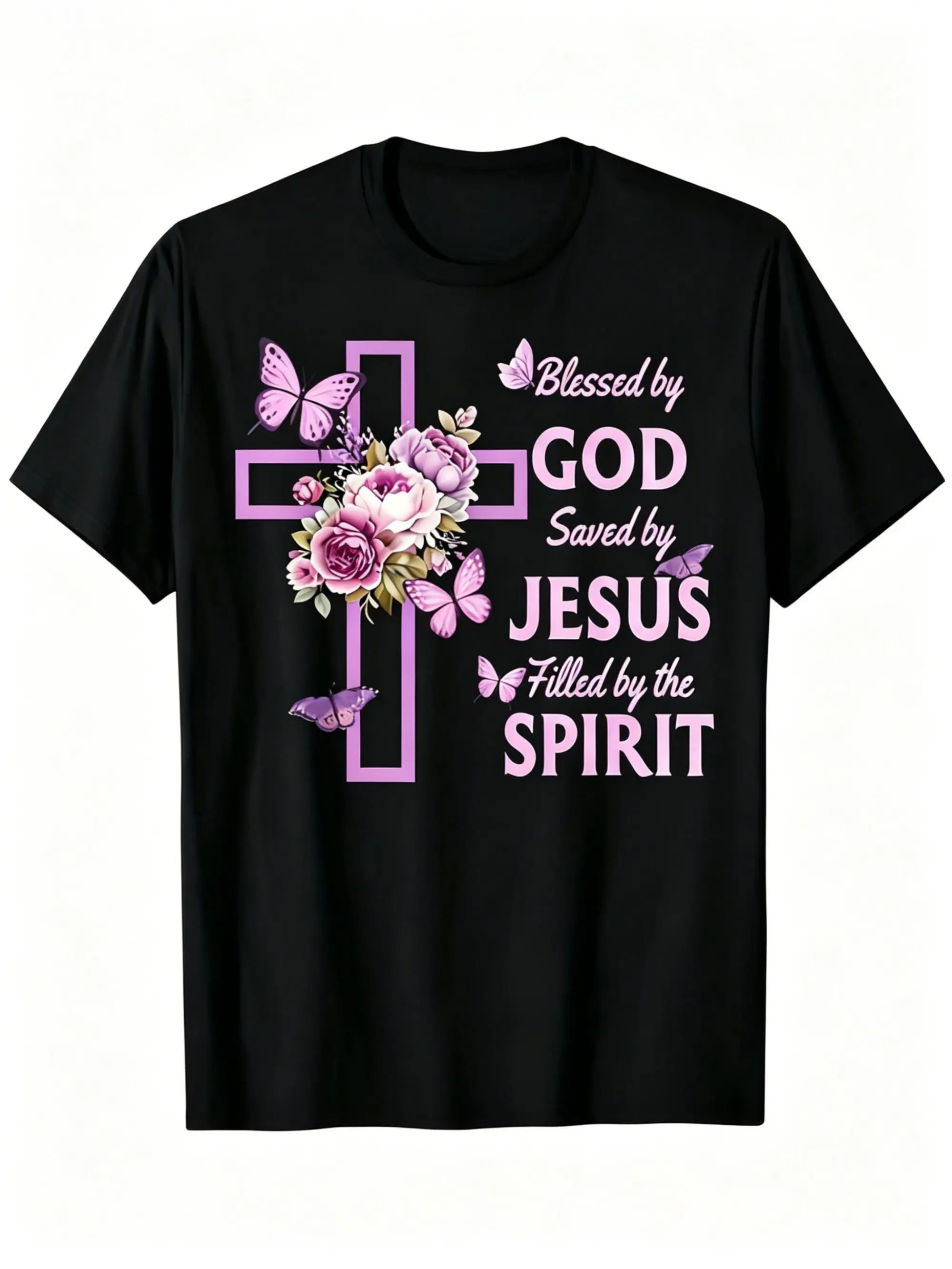 "Blessed by God Saved by Jesus Filled by the Spirit" Christian T-Shirt for Men & Women - Purple Cross Butterfly Floral, Soft Breathable Cotton Crew Neck Short Sleeve, All-Season Summer Spring Casual, Great for Daily Wear & Faith Outfits, Machine Washable