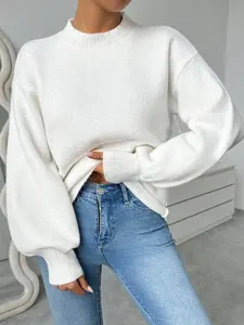 Women's White Round Neck Lantern Sleeve Simple Versatile Everyday Pullover Sweater