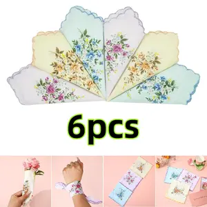 6 pcs Vintage Floral Handkerchiefs Wavy Edge and Print Floral Handkerchiefs Embroidered Sweat Handkerchief Fashion Accessories