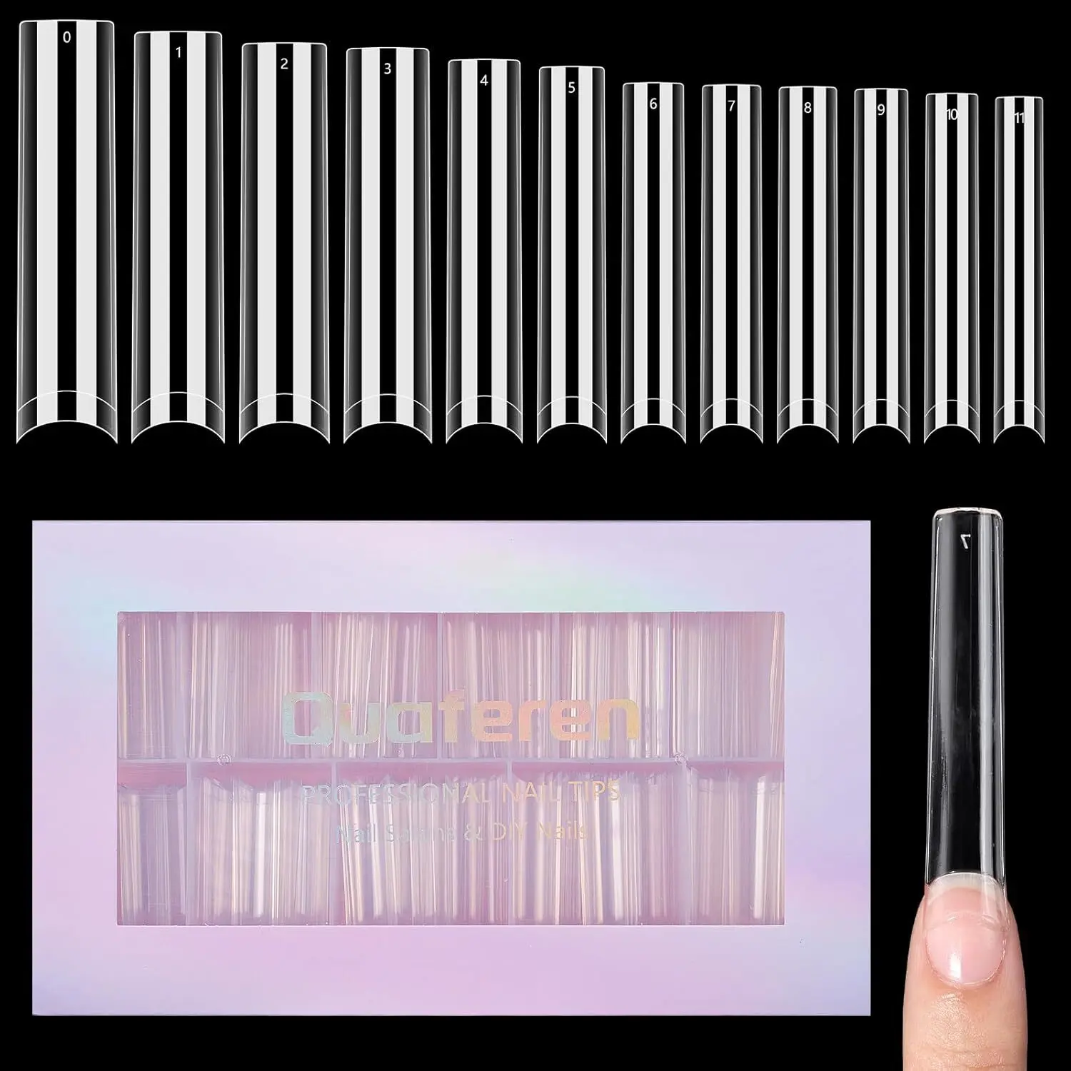 Quaferen 504Pcs Clear No C Curve Nail Tips for Acrylic Nails Professional, 3XL Extra Long Tapered Square Straight Acrylic Nail Tips, Half Cover No Crease Nail Extension Tips False Nails for Nail Art