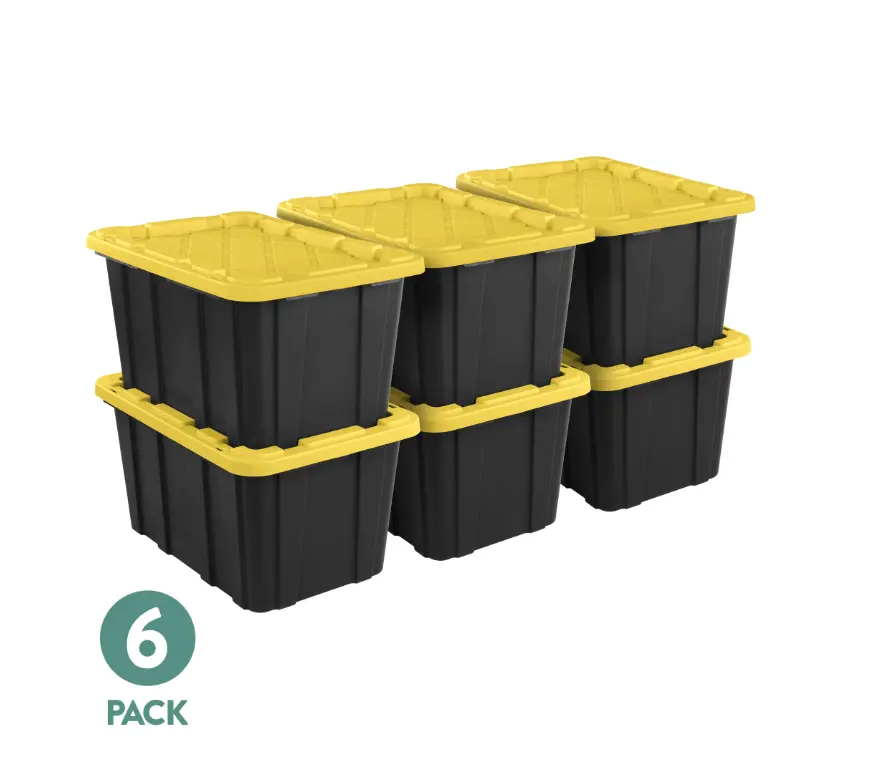 Sterilite 27 Gal Large Plastic Industrial Storage Bin with Snap-Fit Lid, Black and Yellow, 6 Pack