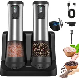 Electric Salt and Pepper  Set, Upgraded 2-Speed Setting, External 5 Adjustable Coarseness,  Display Rechargeable Base, Stainless Steel Automatic Salt & Pepper Shakers Mill with LED Light