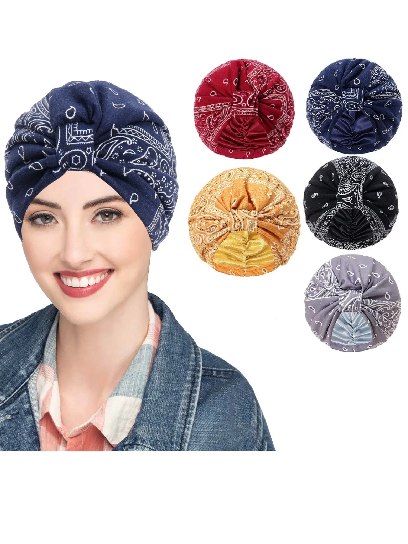 Boho Style Women's Vintage Hat, Elastic Fit Satin Lined Headscarf Cap, Casual Ladies' Wraparound Design Beanie, All Season Wear European & American Fashion Accessory
