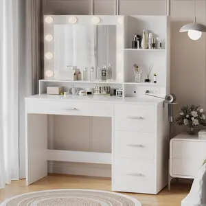 39 Inch Makeup Vanity Desk with Mirror and LED Lights, Dressing Table featuring 3 Color Lighting Modes, Power Outlet and Multiple Storage Drawers, Practical Furniture for Bedroom Daily Use
