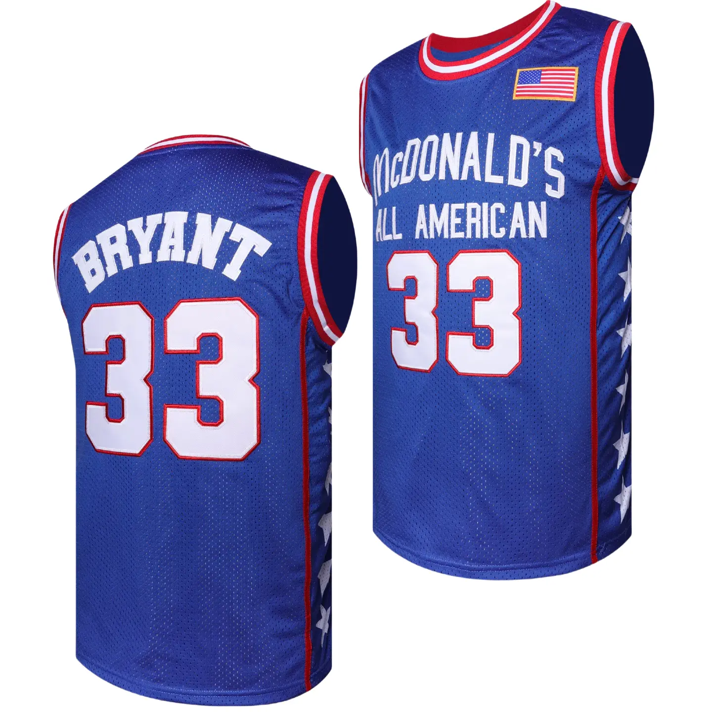 Men's Bryant High School Basketball Jersey Blue & Red Patriotic Stars & Stripes Design with "MCDONALD's ALL-AMERICAN" Embroidery, Athletic Sports Top tiktokshopbacktoschool