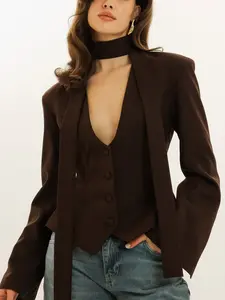 LikeMyChoice Fashion Solid Color V-Neck Scarf-Trimmed Long Sleeve Blazer for Office Wear & Brunch Outings Elegant Jackets Loose Polyester