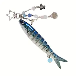 Creative fish keychain Novelty gifts for fishing enthusiasts, shells, turtles, dolphins, pendants, ocean wind design, beaded five-pointed star ring decorative keychain