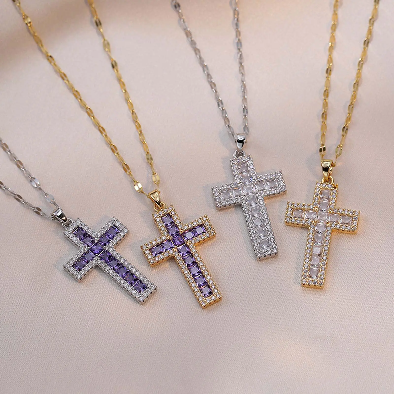 Purple white zircon cross pendant men and women accessories necklace clavicle chain daily gift