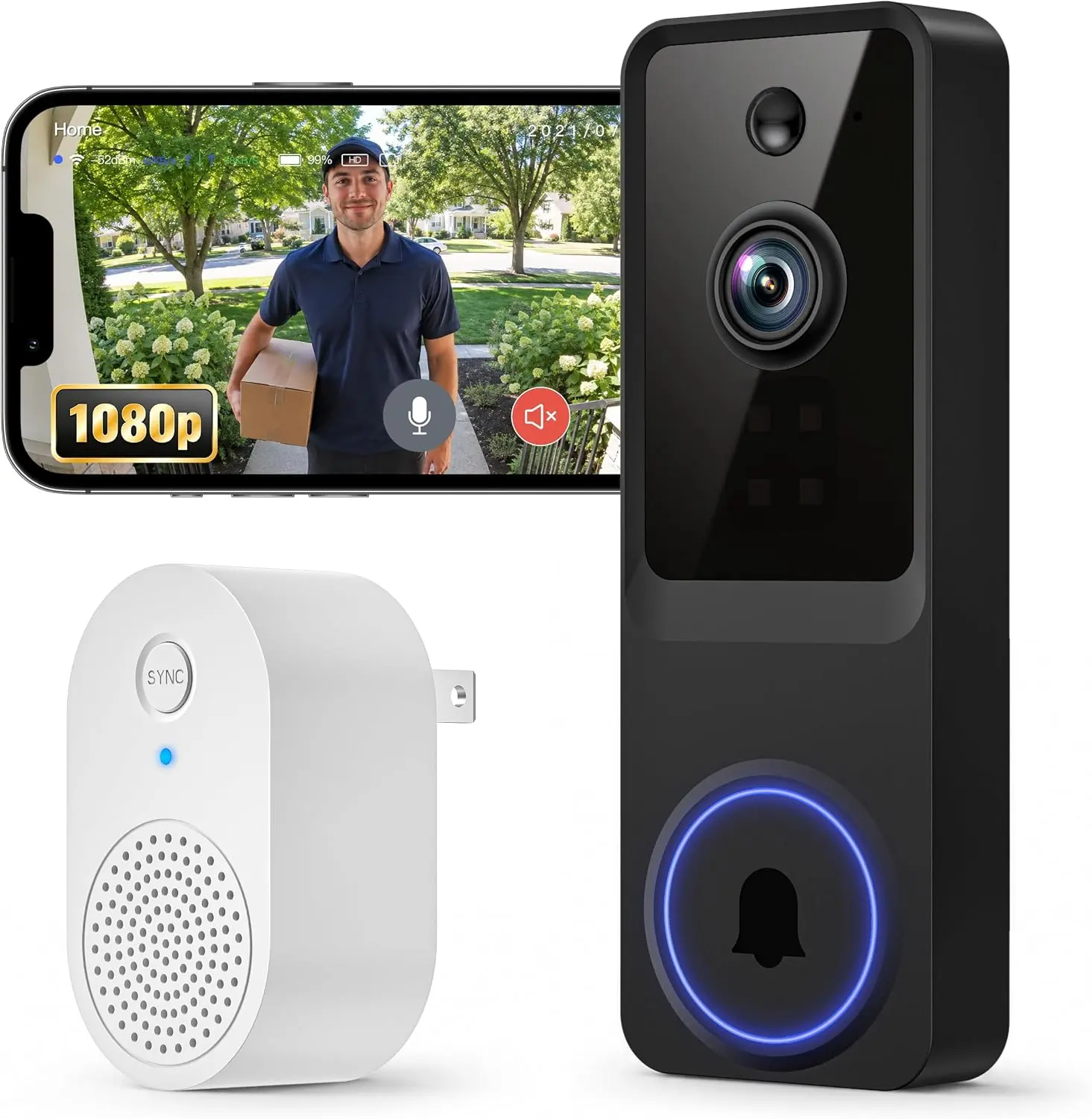 1080p Wireless Video Doorbell Camera with Smart AI Human Detection, Two-Way Audio, Live View, Night Vision, 2.4G WiFi, Battery Powered, App Control, and Cloud Storage for Home, Office & Pet Monitoring