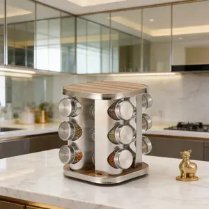 360 Degree Rotating Spice Rack Set, Stainless Steel Kitchen Storage Organizer, Multi-Layer Countertop Shelf with Glass Jars, No Drilling Required