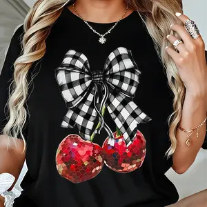 Women's Cherry Bow Checkered T-Shirt Short Sleeve Crew Neck Sweet Summer Holiday Gift Top Womenswear Casual Cute