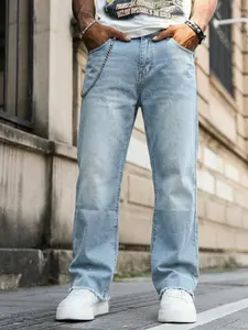 Men's All-Season Light Blue Vintage Washed Denim Jeans, Fitted Mid-Waist Zipper Fly, Fashionable Streetwear Long Pants, Clean Fit