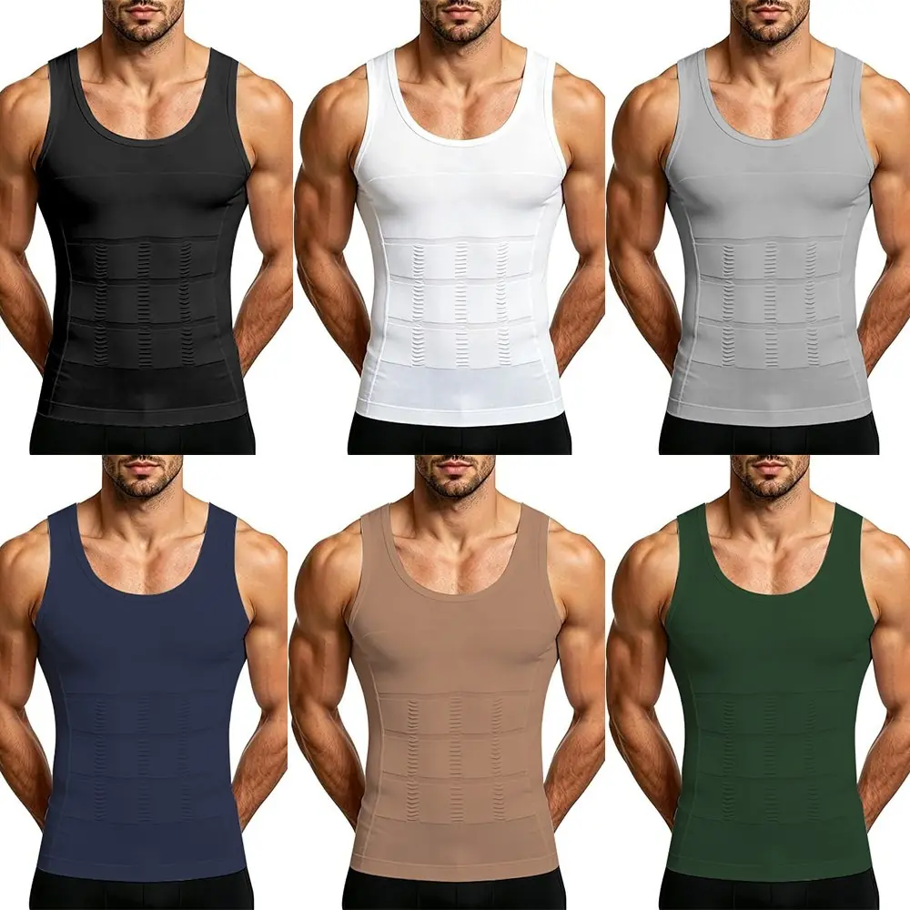 3 Pack Menswear Compression Tank Tops Shirt Underwear Moderate Tummy Control Workout Shapewear Body Shaper Breathable Lightweight Soft Stretchy Suits Fabric Clothes Bestie Elastic Mesh Set