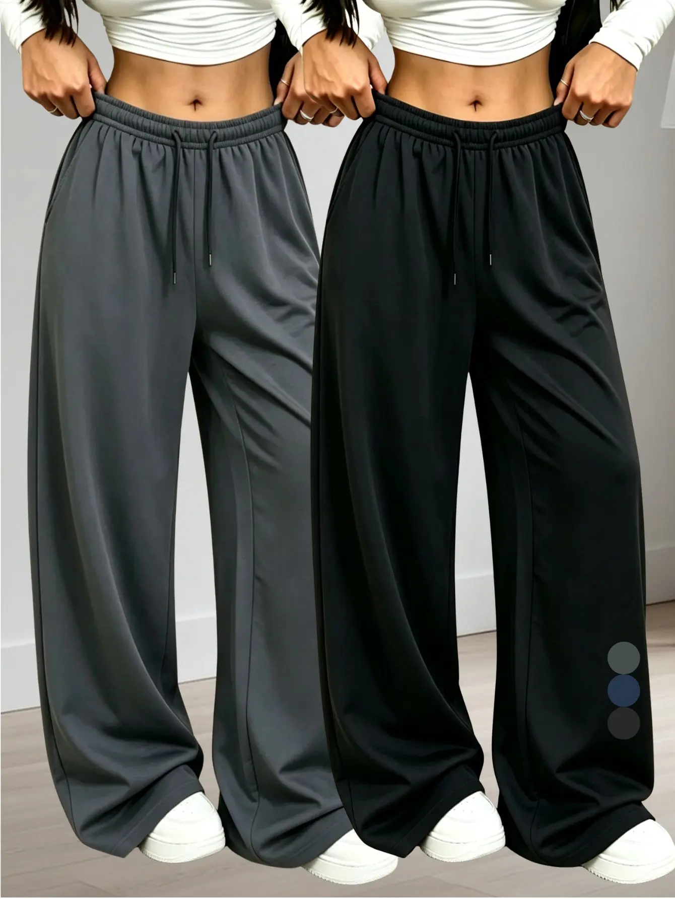 Women’s high-waisted drawstring wide-leg pants with a drapey feel—loose fit that flatters the figure, straight cut, casual athletic sweatpants, solid color, versatile for spring/autumn