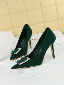 Drill Chain Buckle Faux Fur High Heels, / Combination, Pointed Toe Stiletto Design, All-Season Wearable Shoes