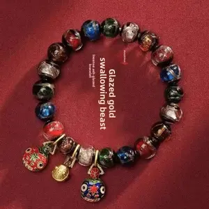 Ancient Method Incense Ash Glass Bead Bracelet, Gold Beast Five-Color Unisex DIY Jewelry, Family Set Enamel Color Round Beads