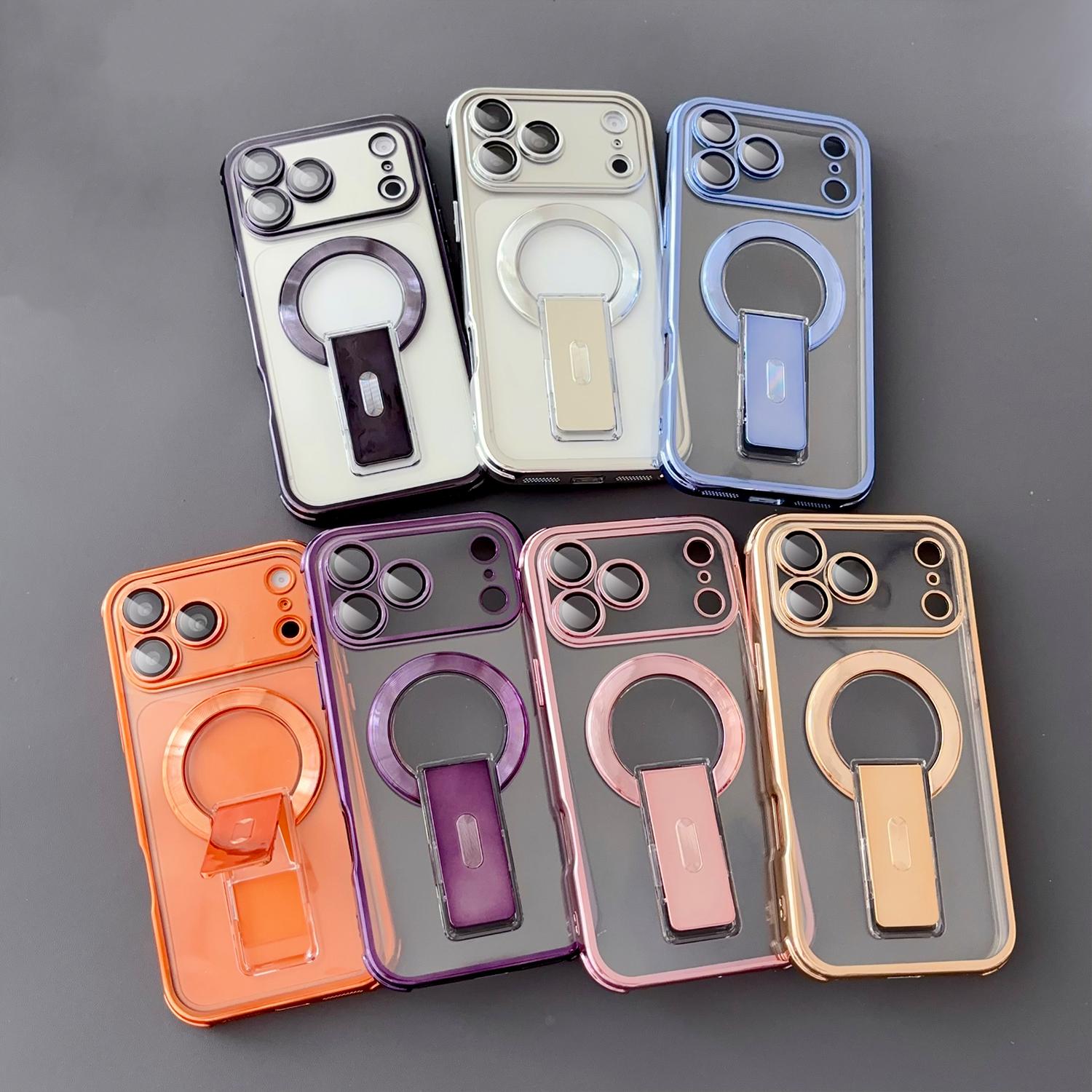 Magnetic Electroplated Clear Case for iPhone 17 Pro Max/17 AIR 16 Pro 15 14 plus 13,Built-in Invisible Kickstand & Camera Lens Protector,Shockproof Protection Transparent Durable Phone Cover