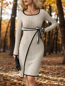 Autumn Winter Women's Dress, Colorblock Knitwear, Square Neckline, Slim Fit Bodycon, Elegant Daily Wear & Office Commuting