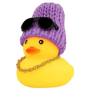 A Knitted Hat Rubber Duck with Sunglasses and Gold Chain Unique Car Dashboard Decoration DIY Friendly Durable Material Easy Install