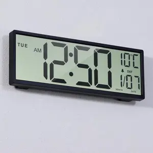 15" Large Digital Black Wall Clock Battery Operated with Large Display Numbers, Calendar, Auto DST for Living Room, Kitchen, Office, Bedroom