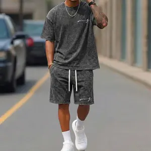 Men's vintage washed casual sport T-shirt and shorts set. Featured personalized Y2K letter prints in American street style with unique design. Crafted from soft, breathable and lightweight cotton fabric. Perfect for surfing, basketball and daily wear, sui
