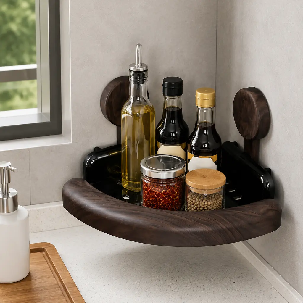 Wooden Triangular 1-Layer Bathroom Corner Storage Rack - No-Drill Plastic Suction Cup Wall-Hung Utility Rack with Drainage Holes, Apartment Accessories for Shower Toiletries Organization, Dark Walnut Stackable Holder