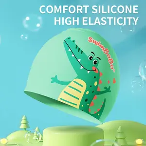 Silicone Swimming Cap, Cartoon Alligator Design, Eco-Friendly, High Elasticity, Anti-Slip, Chlorine Protection, Reusable
