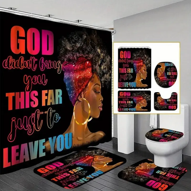 1/4pc African Girl Pattern Bathroom Decor Set, Bathroom Decoration Accessories, with shower curtain, toilet U-shaped mat, bathroom floor mat, and toilet seat cover. Perfect for bathroom decoration. Comes with 12 shower curtain hooks
