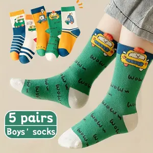 5 pairs of boys' mid-calf socks with playful car designs