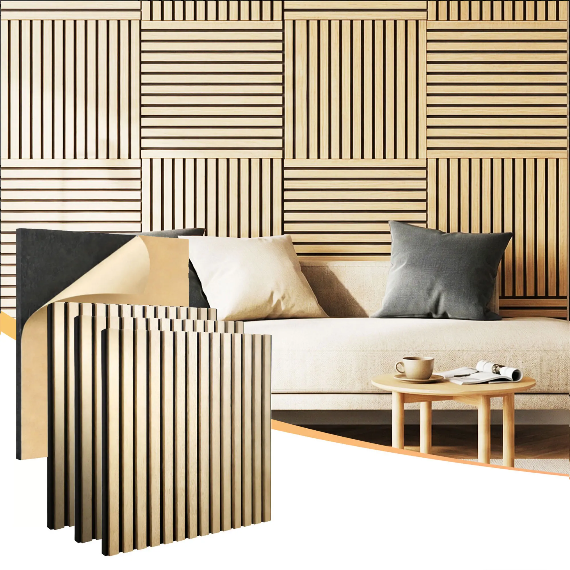 Wood Panels for Wall - Acoustic Wall Panels - 4PK Wall Wood Panels - 23.6"x23.6"x0.71" -  Self-Adhesive Soundproof Wood Wall Panels for Decor - Acoustic Slat Wood Wall Panels for Interior Decoration of Walls