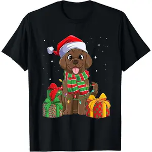 Chocolate Labrador Retriever Christmas Xmas Lab Dog Lover T-Shirt, 100% Cotton, Single Side Printed, Black Short Sleeve T-shirt, 1 pc, Christmas Halloween Thanksgiving Gift