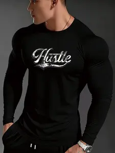 Men's Fitted Long Sleeve Tight Fit Shirt, Athletic, Hustle Coin Texture Graffiti Print, Urban Struggle Style, High Stretch Breathable Fabric, Gym Workout Clothes