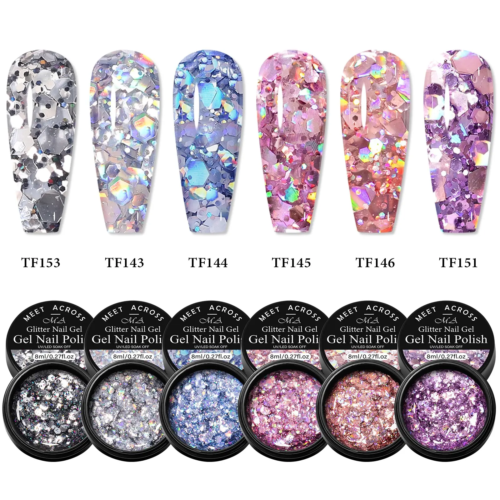 7pcs Broken Diamond Translucent Glitter Sequins Gel Nail Polish Set, Dreamcolor Reflective Nail Art Design, Gel Nail Polish Set, Sparkling Semi Permanent Soak off Nail Varnish for Home Salon, DIY Nails Art