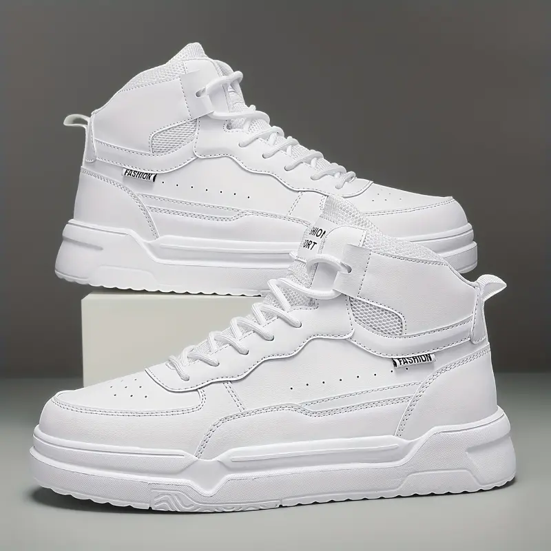 Men's Solid High Top Skate Shoes, Comfy Non Slip Lace Up Sneakers For Men's Outdoor Activities
