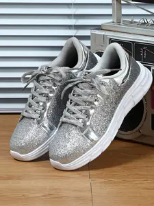 2026 Spring New Silver Color Glitter Thick Sole Casual Board Shoes for Women, Fashion Versatile Height-Boosting Sports Shoes