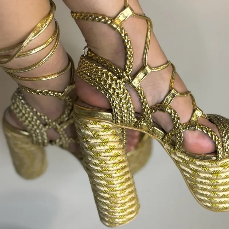 Gold Braided Platform Sandals with Ankle Straps for Women's Fashion