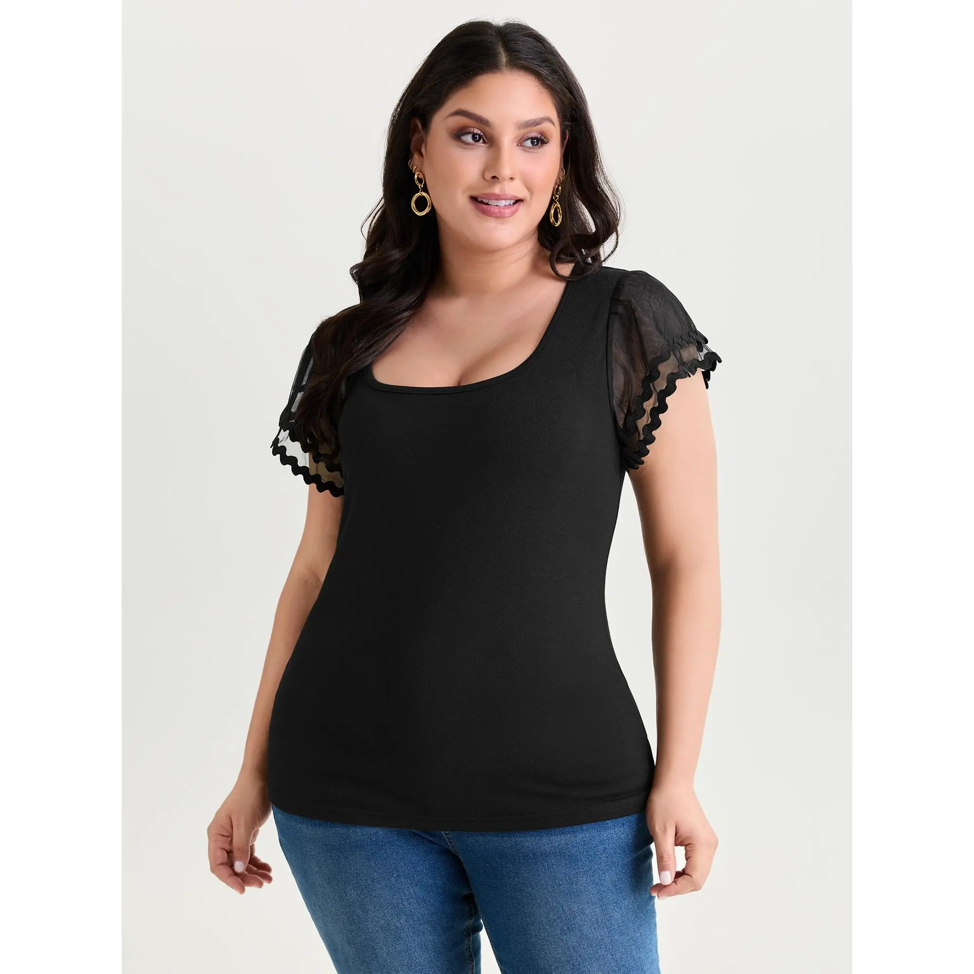 Women's Romantic Square Neck Cropped Top with Sheer Ruffled Cap Sleeves, Solid Spandex Patchwork for Summer, Polyester, Fabric, Ruffles, Blouse, Plain