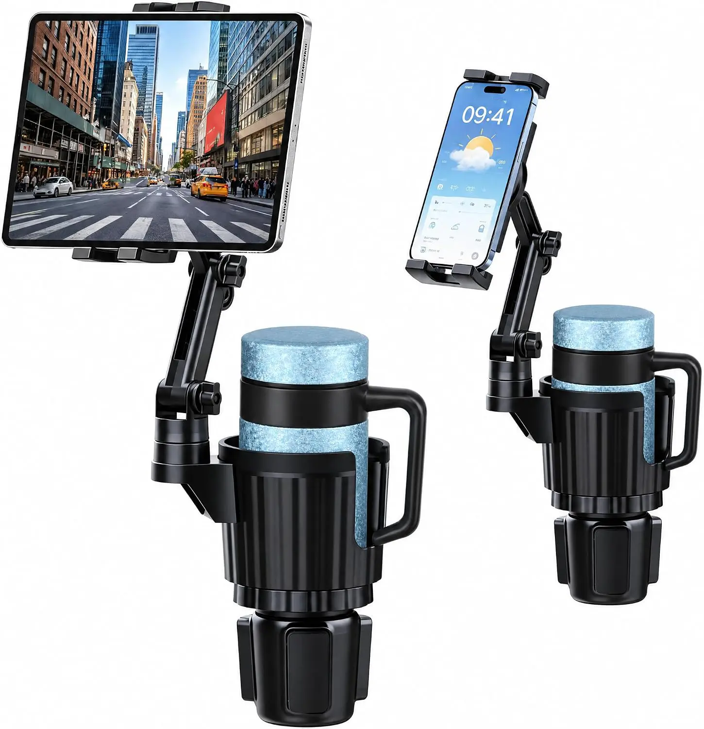 2-in-1 Cup Holder Tablet Mount Expander, Adjustable Arm & 360° Rotation Heavy Duty Car Tablet Holder for 4-12.9inch Tablet & Smartphones, Universal Fit For up to 3.9inch Wide(40oz)Bottles