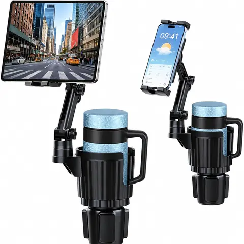 2-in-1 Cup Holder Tablet Mount Expander, Adjustable Arm & 360° Rotation Heavy Duty Car Tablet Holder for 4-12.9inch Tablet & Smartphones, Universal Fit For up to 3.9inch Wide(40oz)Bottles