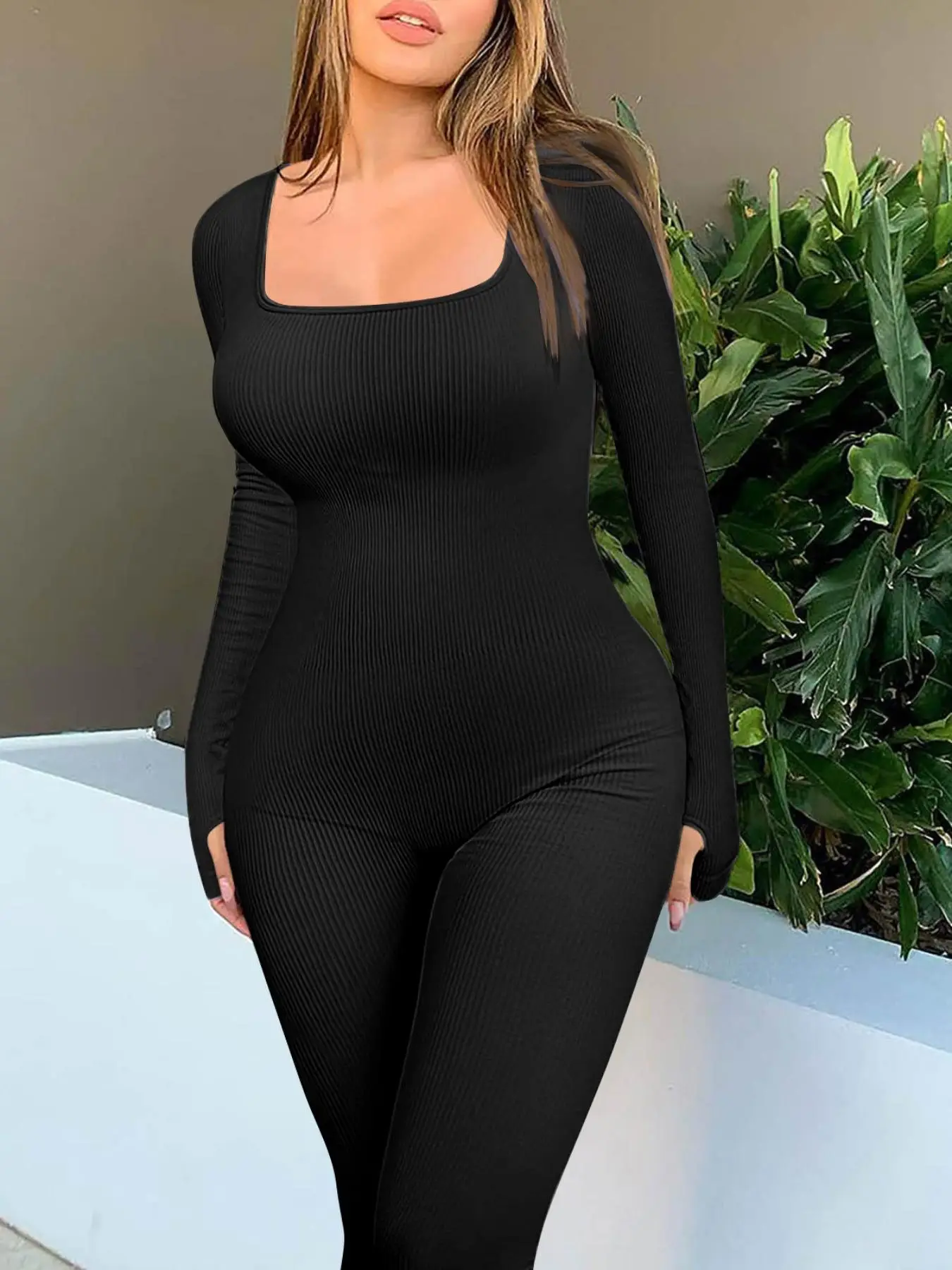 Women's Solid Square Neck Long Sleeve Sports Jumpsuit, Casual Sporty Seamless One-piece Jumpsuit for Yoga Gym Workout Running, Ladies Spring & Fall Sp