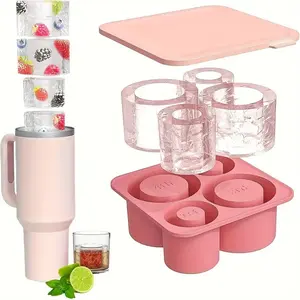Cup Shaped Ice Cube Mold with Lid, 4-grid Silicone Ice Cube Mold, Kitchen Accessories, Reusable Ice Cube Maker for Home Kitchen, 2024 Kitchen Gadgets
