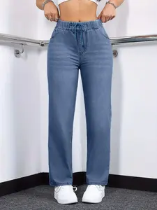 Women's Adjustable Elastic Waist Drawstring Jeans, Casual Fitted Denim Jeans, Long Straight Leg, All Seasons, Plus Size Available