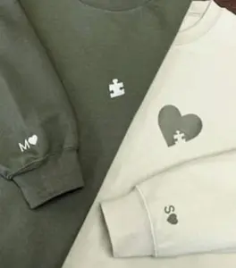 Custom Printed Heart and Puzzle Piece Sweatshirt,Tshirt,Hoodie Initial with Heart on Sleeve, Anniversary Gift, Couple Sweatshirt, Valentine’s Day Gift I