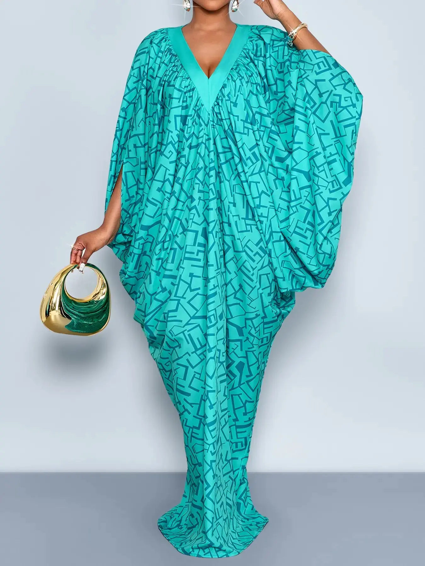 Plus Size Women's Geometric Print Casual Dress, Bohemian Fashion, Boho Chic Style, Boho Flowy Attire, Womenswear, Lady, V Neck Ruched Design, Layered Cocoon Silhouette, Long Loose Fit, All Seasons Fashion, Boho Style Dresses