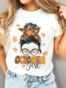 FEEGO October Graphic Tee Autumn-Themed Design with Leaves & Pumpkins, Perfect Birthday or Halloween Gift for Women, Casual Round Neck T-Shirt