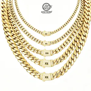 LuLuEcho Iced Out Clasp Miami Cuban Link Chain 14K Gold Plated | Non-Tarnish Chunky 6mm-14mm Streetwear Necklace For Him Her