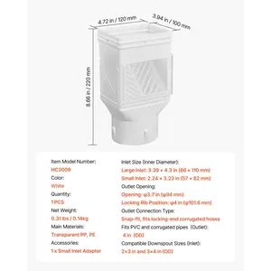 VEVOR Gutter Downspouts, Downspout Diverter Rainwater Collection System Fits for 2x3 or 3x4 Inch Standard Inlet and 4inch Outlet, Flexible Rain Water Barrel Kit with Mesh Screen Transparent, White
