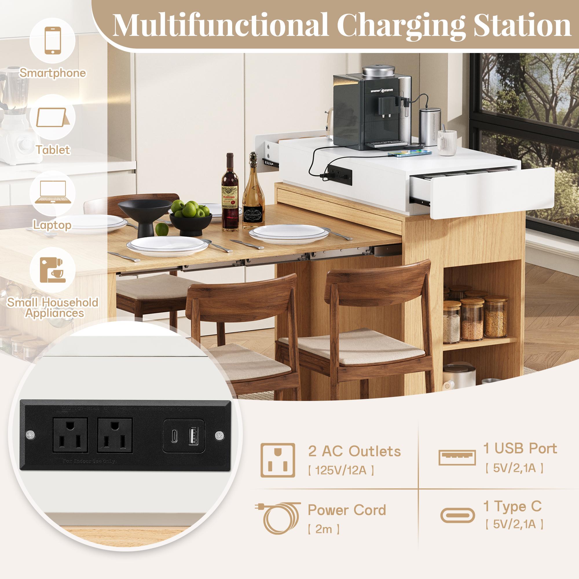 Rolling Kitchen Island & Extendable Dining Table with Folding Top & Power Outlet, Mobile Sideboard with Drawers, Hooks & Storage for Kitchen & Dining Room Rolling Kitchen Island & Extendable Dining Table with Folding Top & Power Outlet, Mobile Sideboard with Drawers, Hooks & Storage for Kitchen & Dining Room